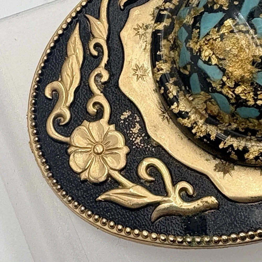 Turquoise Gold Flake Belt Buckle Glass Dome Gold Tone Black Western Floral